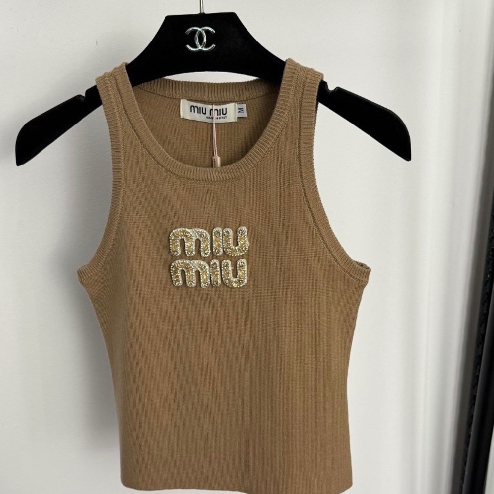 Miu Miu Tan Ribbed Crystal Logo Tank